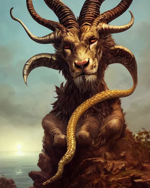 Prompt: oil painting of a Anthropomorphized chimaera with goat head, snake head, lion head, sharp focus, heroic pose, fantasy style, octane render, volumetric lighting, 8k high definition, by greg rutkowski, highly detailed, trending on art Station, magic the gathering artwork, Woodland background, centered, symmetrical, tarot card art