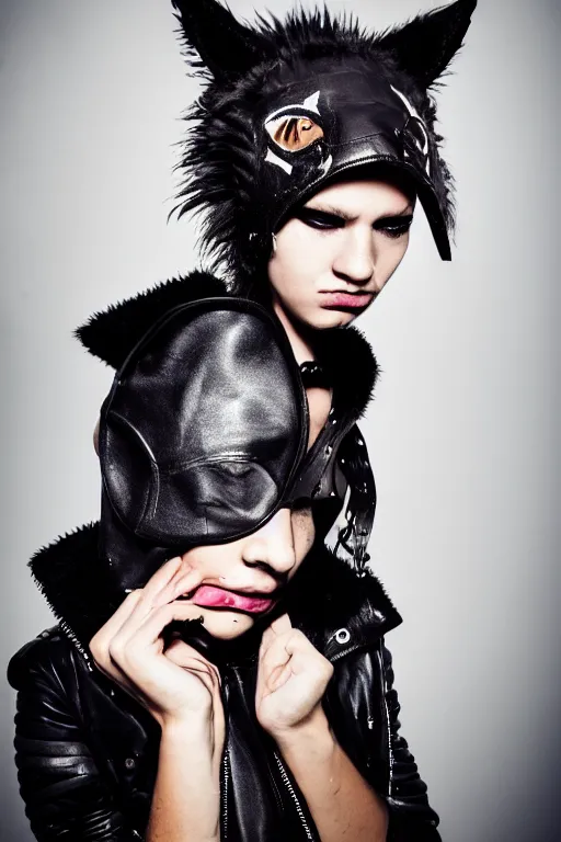 Image similar to photographic portrait of a punk girl in a leather jacket wearing a wolf's head over her face, high fashion, style magazine shoot, cool punk with wolf on her head