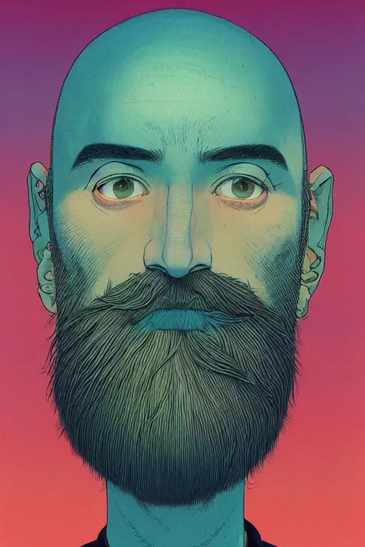 Prompt: a colorful closeup portrait of a handsome young bald man with a very long wild beard dreaming psychedelic hallucinations in the vast icy landscape of antarctica, by kawase hasui, moebius and edward hopper, colorful flat surreal design, hd, 8 k, artstation