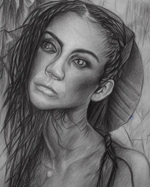 Image similar to A beautiful woman warrior on a faded background of a pirate ship at a deserted island, realism pencil drawing on white paper, bald lines