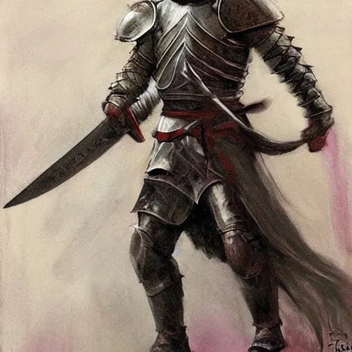 Prompt: rahul kohli as a long - haired knight in armor, wielding a sword, by frank frazetta, pastel art, happy accidents, angry