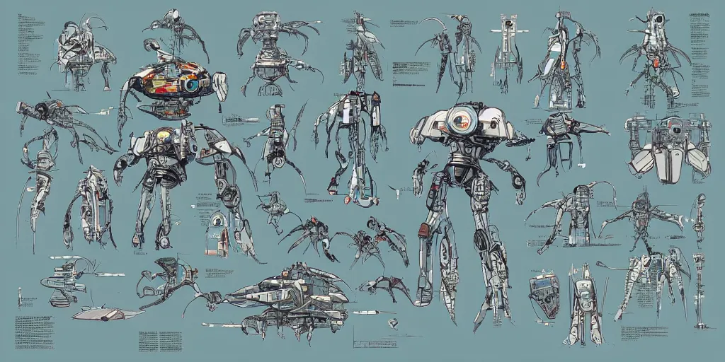 Prompt: beautiful schematic of an alien combat robot in space, mix of styles, schematic, solarpunk, illustration, intricate, highly detailed, sharp lines, studio ghibli color scheme