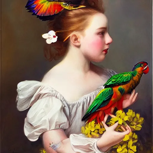 Prompt: a young girl portrait with porcelain face and two ponytails flying in the wind, dressed in a vintage dress, holding flowers in her hands holding a parrot gold cage, conceptual art, oil fantasy painting, hyperdetailed