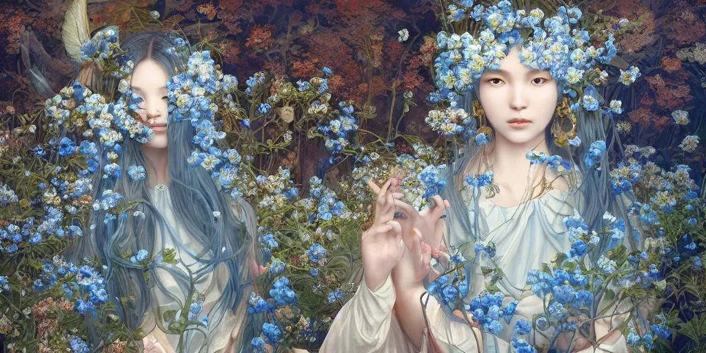 Image similar to breathtaking detailed concept art painting of the goddess of nemophila flowers, orthodox saint, with anxious, piercing eyes, ornate background, amalgamation of leaves and flowers, by Hsiao-Ron Cheng, James jean, Miho Hirano, Hayao Miyazaki, extremely moody lighting, 8K