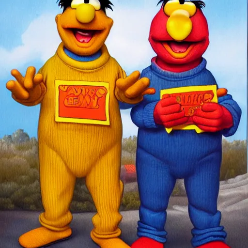 Image similar to ganster bert and ernie, fine detail, artwork by alex horley and joe jusko and todd schorr