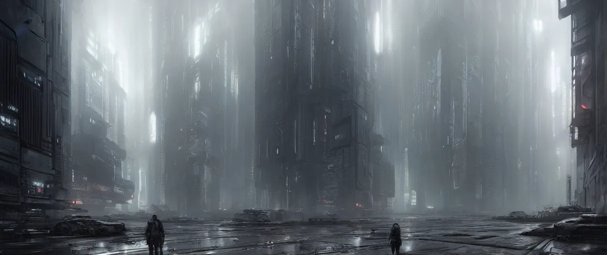 Image similar to dystopian cyberpunk world, with doors everywhere, grey sky, monochrome except doors, concept art, matte painting, high detail, volumetric, large scale, digital painting, style of jordan grimmer, high res