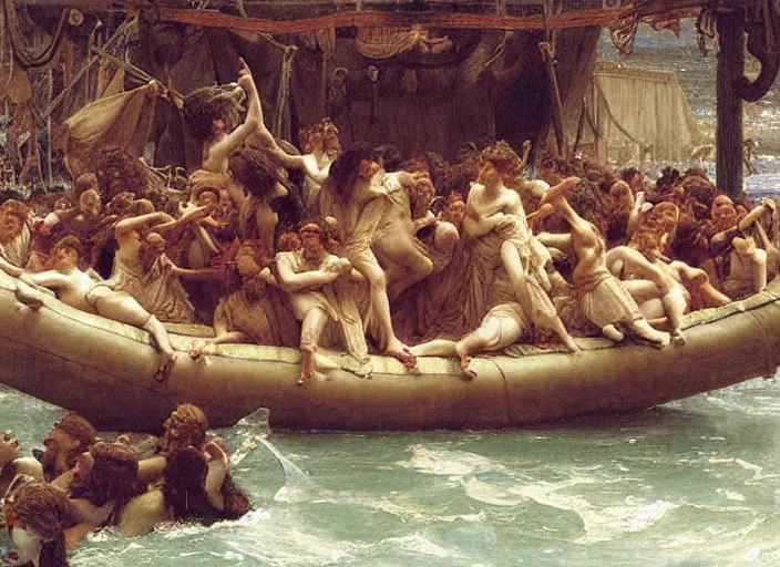 Prompt: the raft of the medusa, painting by lawrance alma - tadema