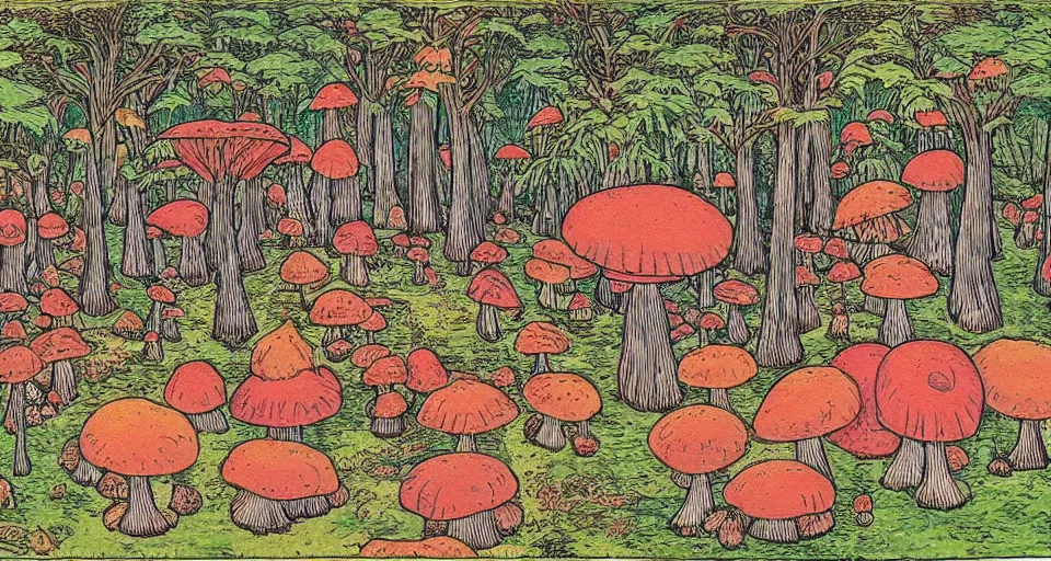 Image similar to A tribal village in a forest of giant mushrooms, by Ivan Bilibin,