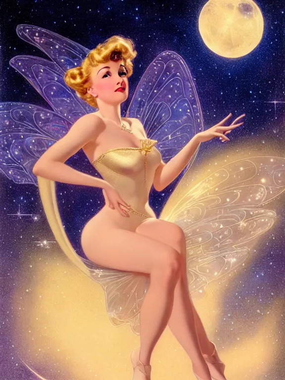 Prompt: Diana argon as tinkerbell glowing, a beautiful art nouveau portrait by Gil elvgren and Hajime Sorayama, moonlit starry sky environment, centered composition, defined features, golden ratio, gold jewlery, photorealistic professionals lighting, cinematic, sheer