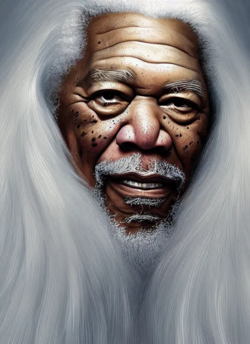 Image similar to portrait of morgan freeman as evil saurman the white, long white hair and white beard, long white flowing robes, long black wizard staff by alan lee, lord of the rings, smooth, oil painting, matte painting, concept art, trending on artstation, promotional artwork, film still, elegant, photorealistic facial features, intricate, detailed face, cinematic lighting