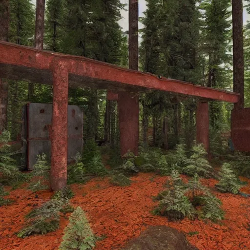 Image similar to rust base in a photorealistic forest, light fixtures, 8k, detailed