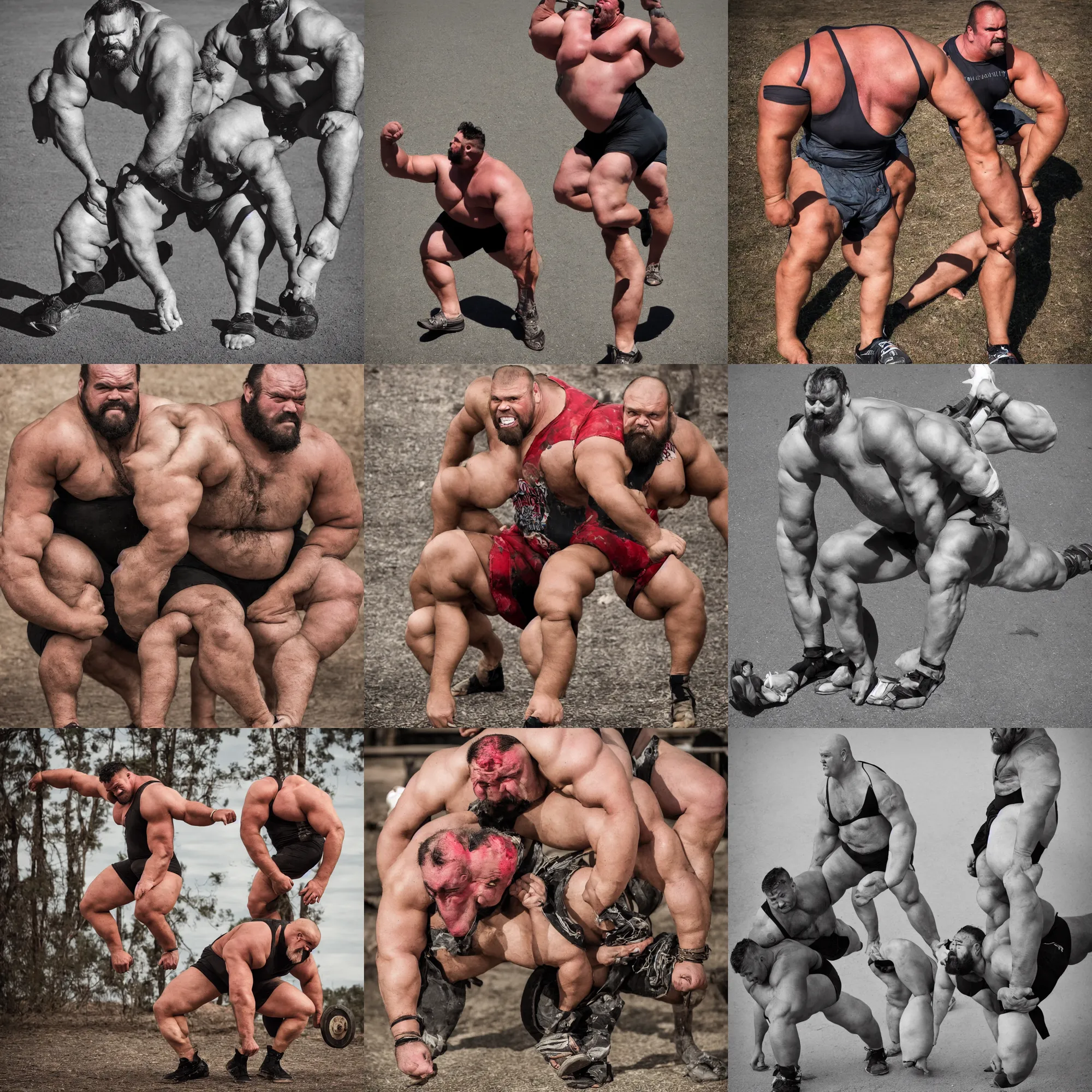 Prompt: big bear strongman, flexing, wearing a singlet on his legs. photography, fully body image.