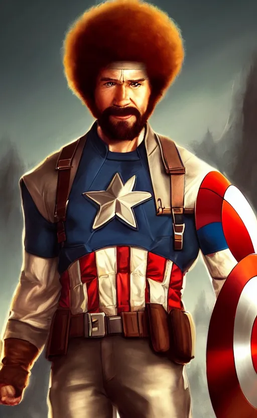 Image similar to bob ross as captain america, dynamic lighting, cinematic, ultra detailed, trending on art station, stunning visuals, creative, fantasy concept art