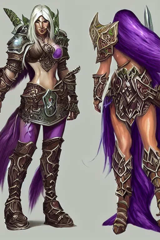 Image similar to world of warcraft concept art, barbarian warrior woman, long green hair, heavy silver armor with amethysts details