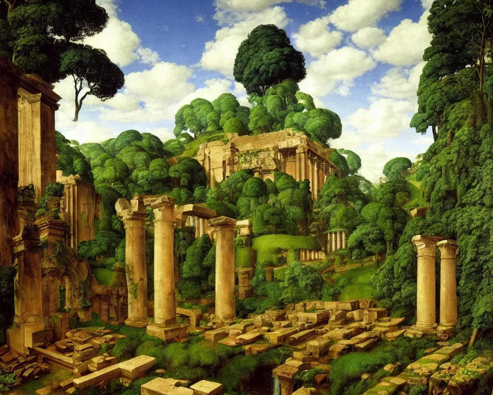 Image similar to an achingly beautiful print of Roman ruins in a jungle clearing with a waterfall in the distance by Raphael, Hopper, and Rene Magritte. detailed, romantic, enchanting, trending on artstation.