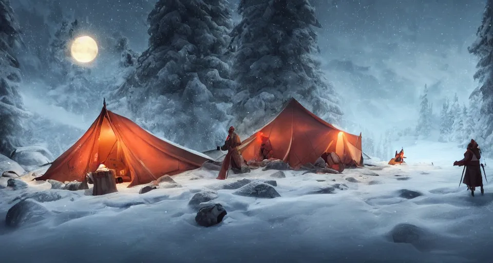 Image similar to an epic fantasy adventurer's camp in the snow with a hide tent at night with a full moon, a single adventurer with red hair, 4 k, extremely detailed. award winning, trending on artstation, 8 k, ultra wide angle