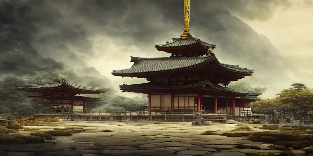 Image similar to a japanese buddhist temple. a fantasy digital painting by romain jouandeau, greg rutkowski, richard schmid, misty clouds, atmospheric lighting, photorealistic, dynamic lighting, highly detailed, cinematic landscape, architectural concept, full building, dynamic angle, line art, golden rays,