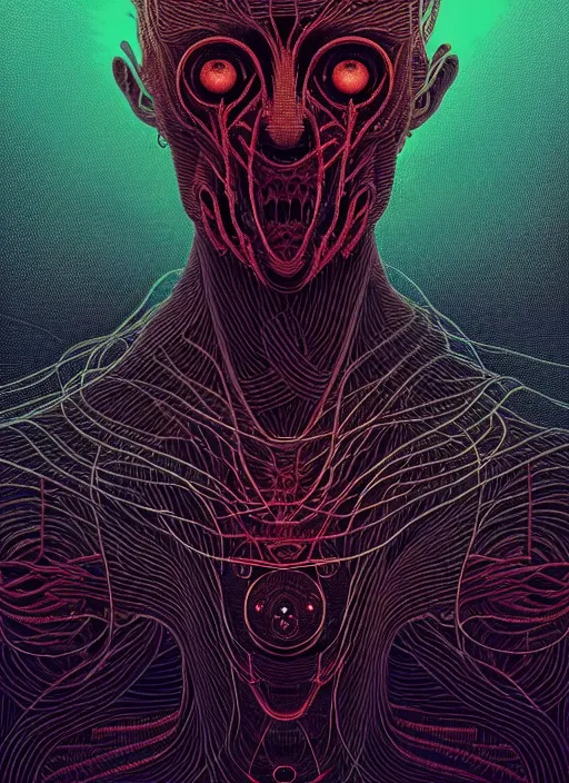 Image similar to symmetry!! stunning portrait of a demon!! by victo ngai, moody colors, dynamic lighting, horror!! body horror digital art, winning award masterpiece, fantastically beautiful, illustration, aestheticly inspired by beksinski and dan mumford, trending on artstation, art by greg rutkowski and david cronenberg and h r giger, 8 k