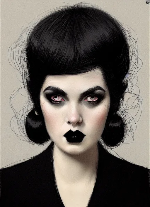 Image similar to portrait of a round faced woman with a crooked nose and a confident expression, 1 9 6 0 s, black clothes, goth, punk, funk, intricate, elegant, highly detailed, digital painting, artstation, concept art, smooth, sharp focus, illustration, art by wlop, mars ravelo and greg rutkowski