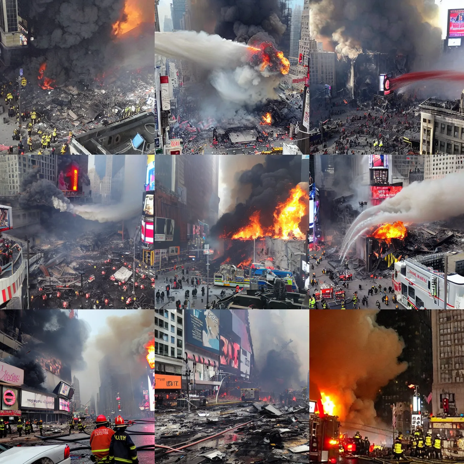 Prompt: terrorist attack, times square explosion, debris and lots of smoke, lots of fire, nuclear