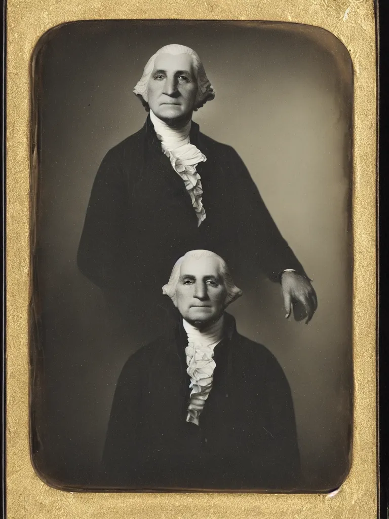 Prompt: a wet plate portrait photograph of george washington, studio posed, tintype