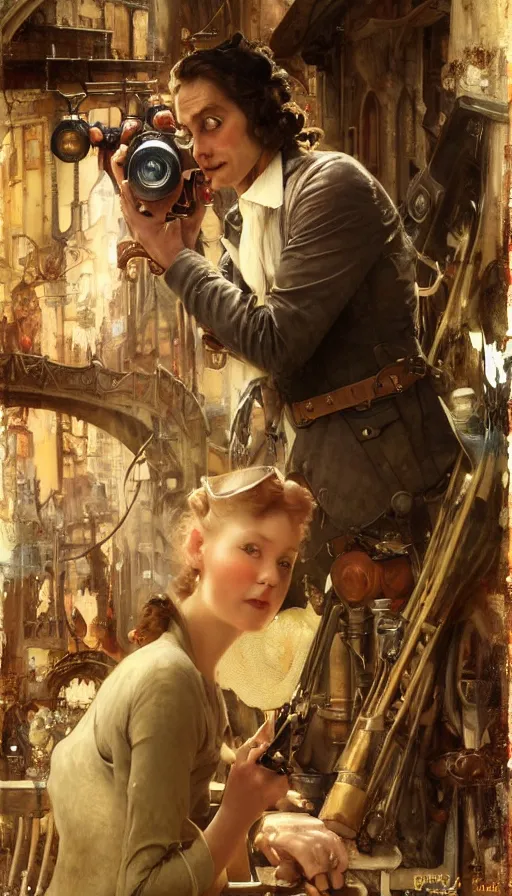 Image similar to hyper realistic photographer looking through camera towards viewer, magical, steampunk, painted by james gurney, norman rockwell, tom bagshaw, mucha, gaston bussiere, craig mullins, j. c. leyendecker 8 k