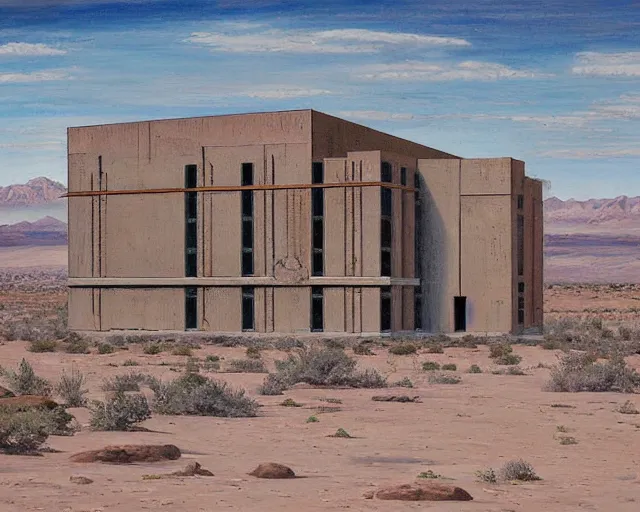 Prompt: a highly detailed painting by josiah tornabene of a mysterious government science lab in the middle of the great basin desert. it was built to research super powers and has sat abandoned since the mid - 1 9 7 0 s. brutalist architecture.