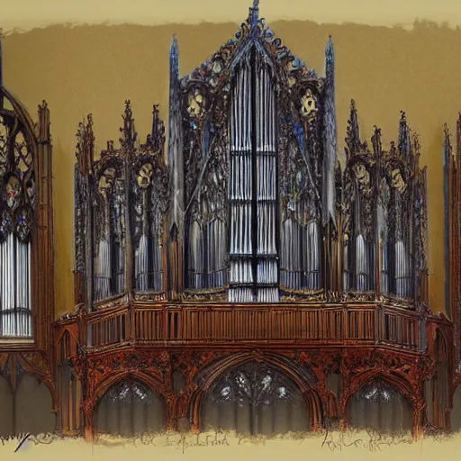 Image similar to ornate gothic organ console, designed by alan lee and john howe, detailed color concept art sketch