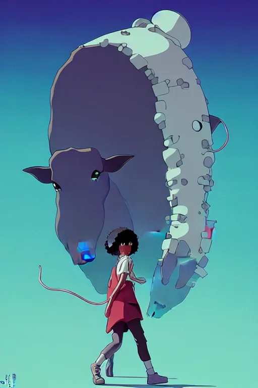 Prompt: 👩🏾🎤🐄 by studio ghibli, cinematic, surreal, dramatic, dreamlike, cyberpunk, james jean + loish + artgerm + rutkowski + moebius