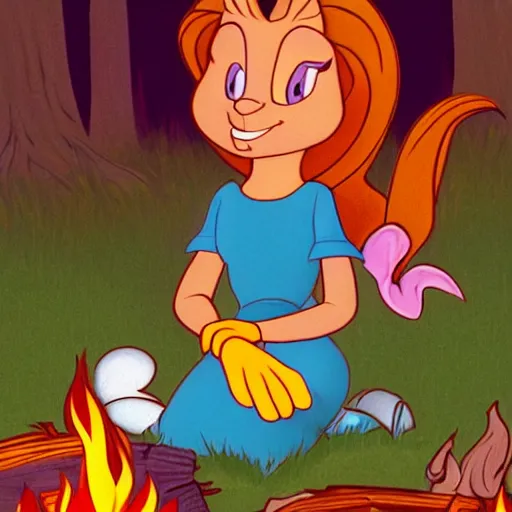 Image similar to full body portrait of Esmerelda (Tiny Toons (1990)) sitting around a campfire telling stories with her friends, in style Goro Fujita, 3D, UE5, ultra high textures, dark vignette, burning embers, nostalgic, muted colors, desaturated, volumetric, slightly drunk, candy rush, autochrome, tranquil, starry night, marshmallows, s'mores, highly detailed, busy, 4K, 8K, HQ