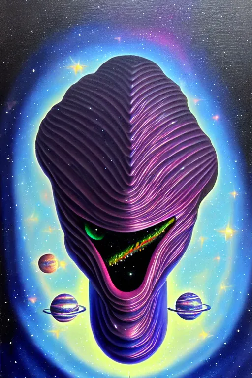 Image similar to space creature by jack vance, mike mignogna, lisa frank, highly detailed, vintage dark sci fi, oil painting