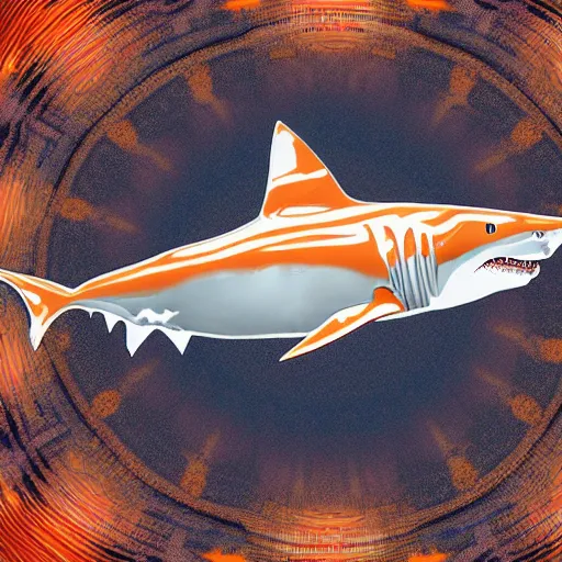 Image similar to great white shark, side view, with a silver and orange striped traffic cone construction cone on its dorsal fin, mandala background fractal background detailed - ron cheng & alphonse mucha, highly detailed, digital painting, ray tracing, concept art, illustration, smooth sharp focus, intricate, symmetry, artstation,