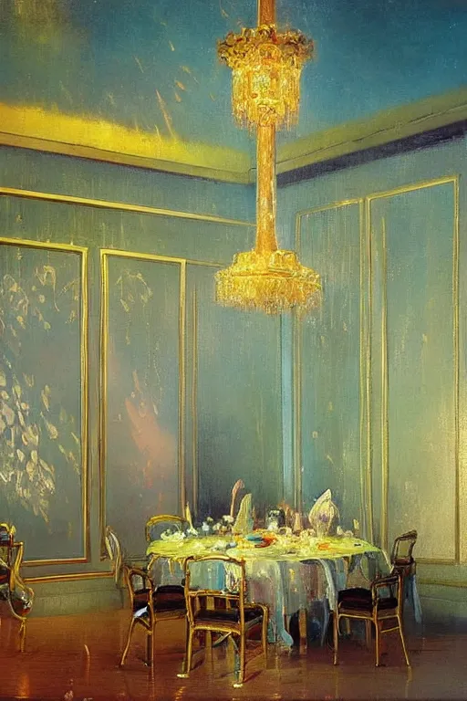 Prompt: 1920s decorated surrealist ballroom casts long exaggerated shadows, crystalline light rays refract dust, impressionst oil painting on wood, big impressionist oil paint strokes, decadent interior dinning room with centered grand crystal chandelier, symmetric 1930s dimly lit art deco interior concept art by Ivan Aivazovsky, ukiyo-e print, japanese woodblock