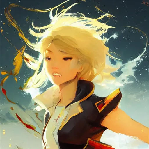 Image similar to Yang Xiao Long from RWBY by John Berkey and Peter Mohrbacher, rule of thirds, beautiful, in intergalactic hq, Refined, masterpiece, face anatomy