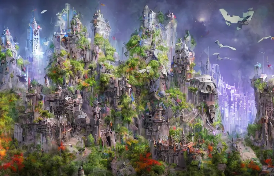 Image similar to a futuristic castle, crowded, plastic, nature, robots, digital art.