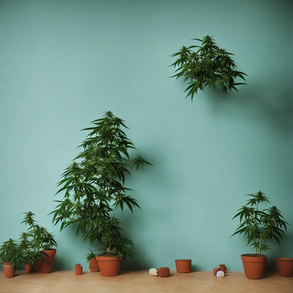 Prompt: large single cannabis plant in a pot grows to the ceiling, kodak portra 4 0 0, 8 k, shot of a highly detailed, britt marling style, colour still - life portrait of a large minimalistic room, rough concrete walls, a single rough carved wooden teal, with comfortable beanbags, muted colours