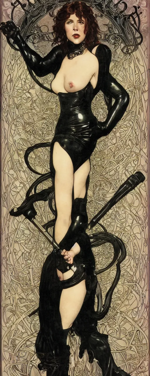 Prompt: striking sensual industrial art nouveau style portrait of kitty pryde as a norwegian black metal singer by michael kaluta, simon bisley and alphonse mucha, photorealism, extremely hyperdetailed, perfect symmetrical facial features, perfect anatomy, ornate declotage, weapon, latex, excited expression, wild eyes