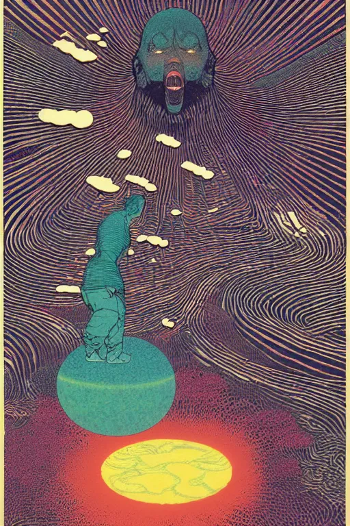 Image similar to a paper blotter tab of LSD acid on a tongue melting into a surreal psychedelic hallucination, screenprint by kawase hasui, moebius and dan hillier, colorful flat surreal design, hd, 8k, artstation