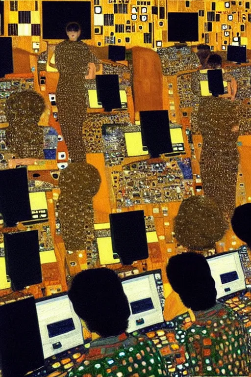 Image similar to oil painting highly detailed computer workers in office painted by gustav klimt