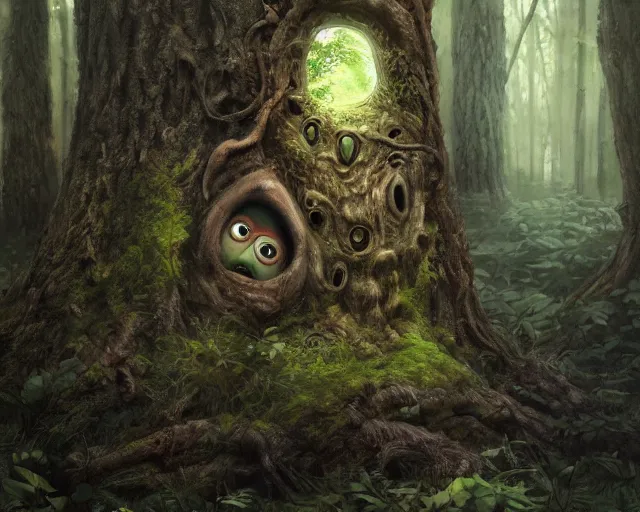 Image similar to a talking tree, a face in the bark, big eyes, fantasy concept art, oil painting, hyperrealistic, highly detailed, artstation, cgsociety, in the forest