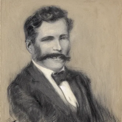 Image similar to portrait of an action hero, suit, tie, smile, by alfred stevens in charcoal