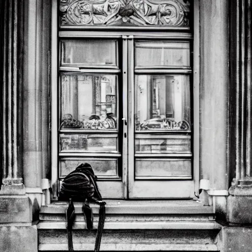 Prompt: street photography picture of kermit the frog sleeping in the doorway of an oppressive evil building. fugifilm 4 k