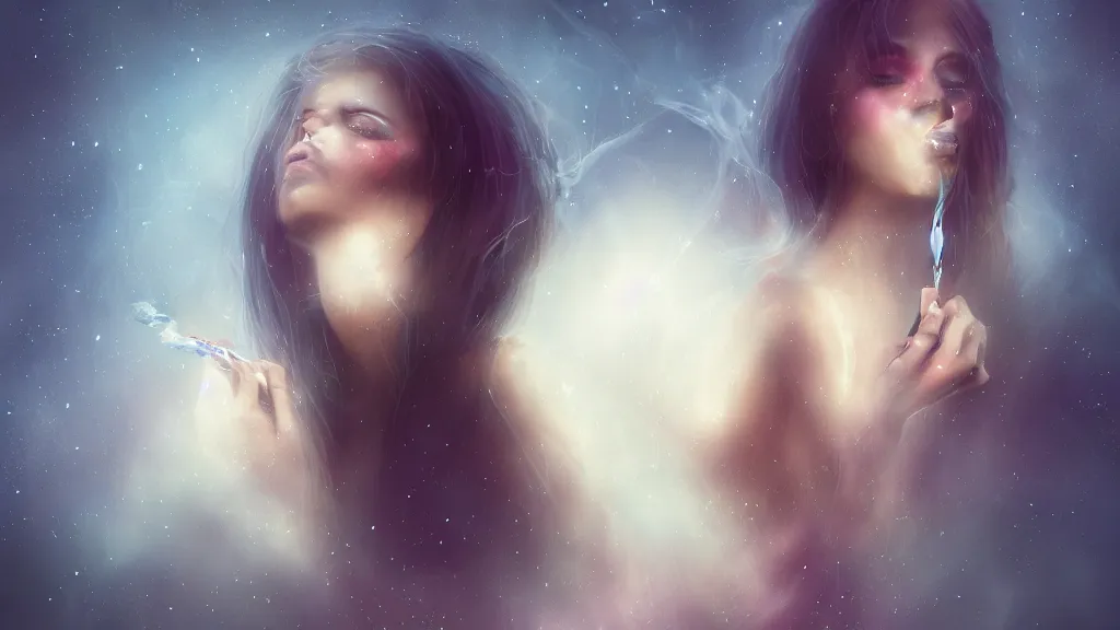 Prompt: whimsical, a single beautiful playful woman, wearing professional makeup, standing in a lake, blowing trippy smoke, under the stars, with a binary black hole with a ring in the sky, by Lois van Baarle, by Greg Rutkowski, by Ilya Kuvsninov, cinematic angle, face enhance, volumetric lighting, cinematic lighting, digital art, 4k resolution, octane render, trending on artstation, masterpiece