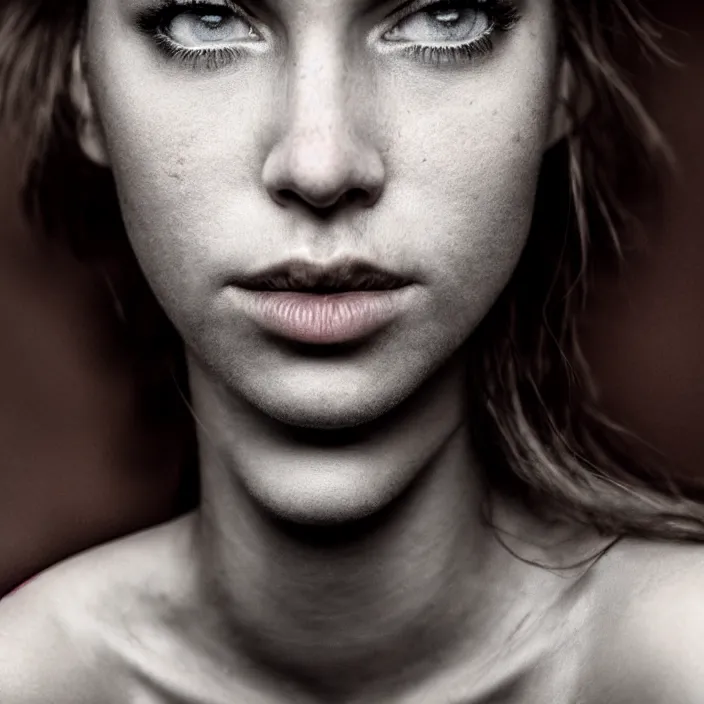 Image similar to dramatic photographic Close-up face of a extremely beautiful girl and light brown hair , high light on the left, non-illuminated backdrop, illuminated by a dramatic light, volumetric light, Low key lighting, light dark, High constrast, dramatic , Steve Mccurry, Lee Jeffries , Norman Rockwell, Craig Mulins ,dark background, high quality, photo-realistic, 8K,