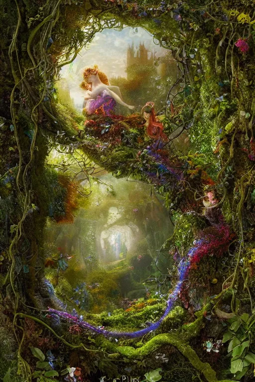 Image similar to a beautiful and highly detailed digital painting of a portal to fairyland, iridescent crystals, moss, multicoloured vines, tangled, the secret garden. intricate details, epic scale, hyperdetailed, hyperrealism,, artstation, cgsociety, 8 k, sharp focus, by caspar friedrich, albert bierstadt, james gurney, brian froud,