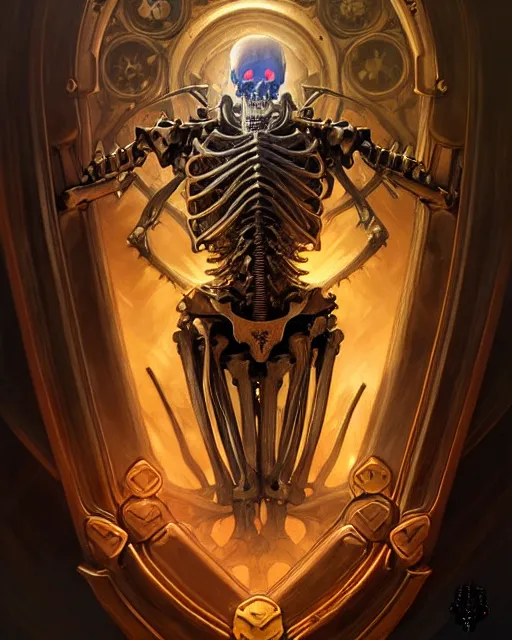 Image similar to an armored skeleton with glowing magical eyes, fantasy character portrait, ultra realistic, intricate, elegant, highly detailed, digital painting, artstaion, smooth, sharp, focus, illustration, art by artgerm and greg rutkowski and alphonse mucha