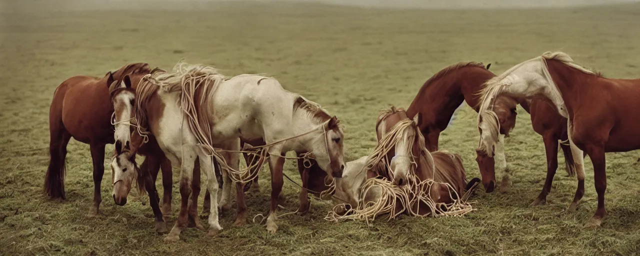 Image similar to horses eating spaghetti, battle of the somme, world war 1, canon 5 0 mm, kodachrome, in the style of wes anderson, retro