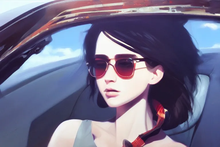 Image similar to A ultradetailed beautiful portrait panting of a stylish girl driving a car, bright sunny day, Oil painting, by Ilya Kuvshinov, Greg Rutkowski and Makoto Shinkai