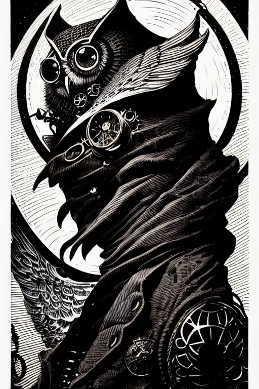 Image similar to side view of majestic steampunk anthropomorphic owl man alchemist cloaked wizard, high details, bold line art, by vincent di fate and joe fenton, inking, etching, screen print, masterpiece, trending on artstation, sharp, high contrast, hyper - detailed,, hd, 4 k, 8 k