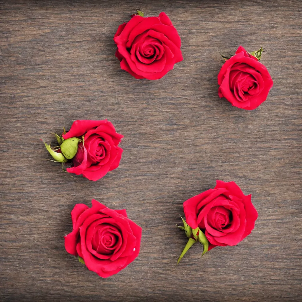 Image similar to close up view of a single rose flower on top of a wooden table, 8k, photorealistic, proper shading